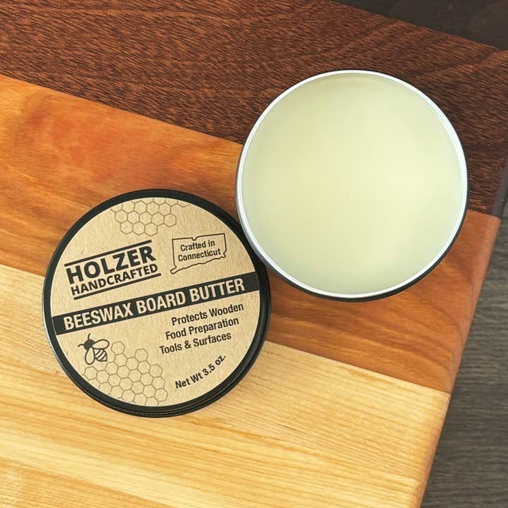 Holzer Handcrafted ® - Wholesale Wood Butter - Beeswax Board Butters for Wood Food Contact Surfaces | 3.5 oz Reusable Tin | Handmade Oil, Wax and Conditioner for Cutting Boards, Butcher Blocks, Wooden Utensils | Holzer Handcrafted 5
