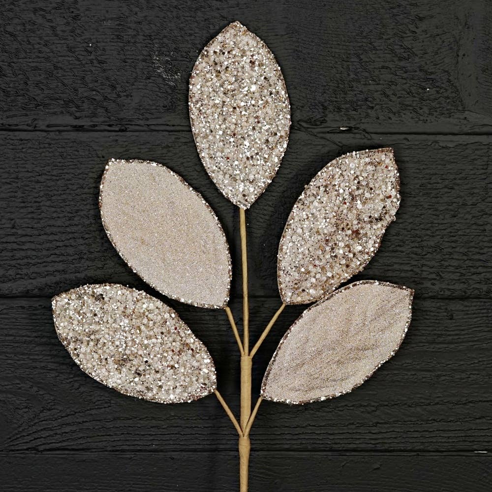 Holiday Depot Inc. - Wholesale Christmas Decoration - 32250-25in Spray-Beaded Metallic Magnolia Leaves x5-Champagn2