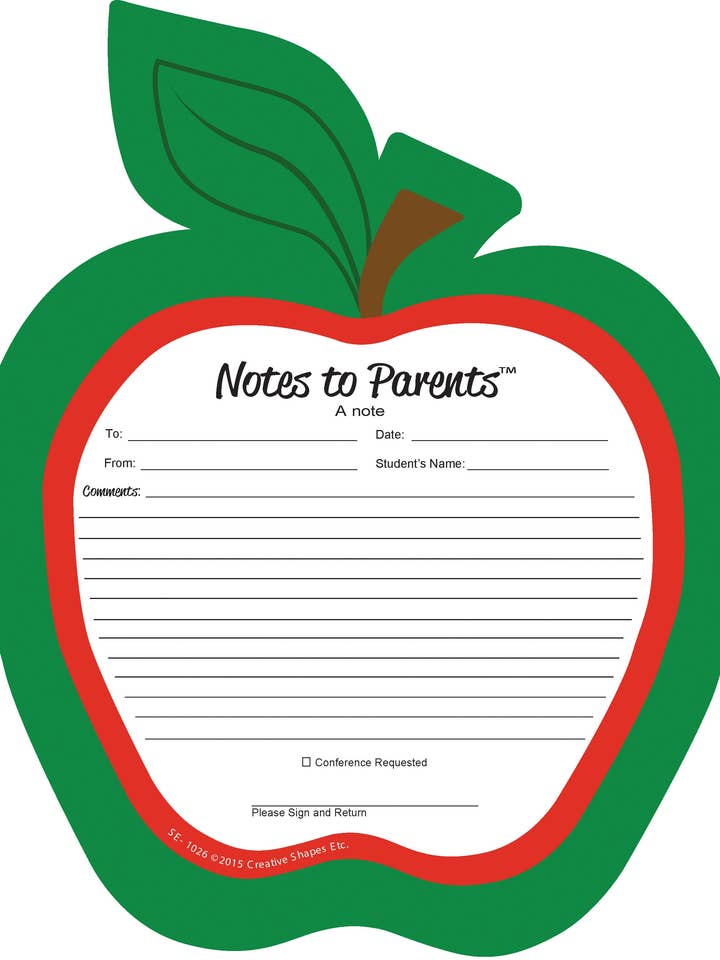 Red Apple Blank Pad - Notes to Parents for wholesale by Creative Shapes Etc.