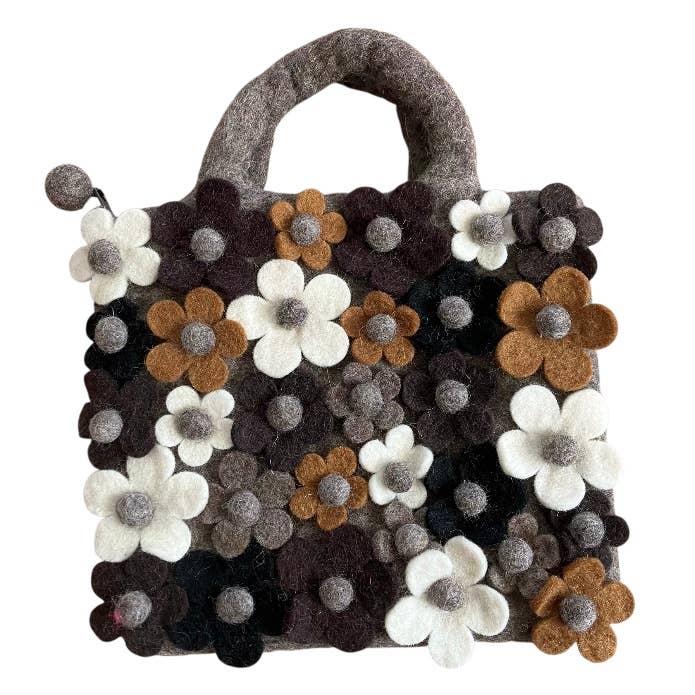 bag kids flowers - handbag - grey - wool felt - handmade for wholesale by Luna-Leena - handmade in Nepal