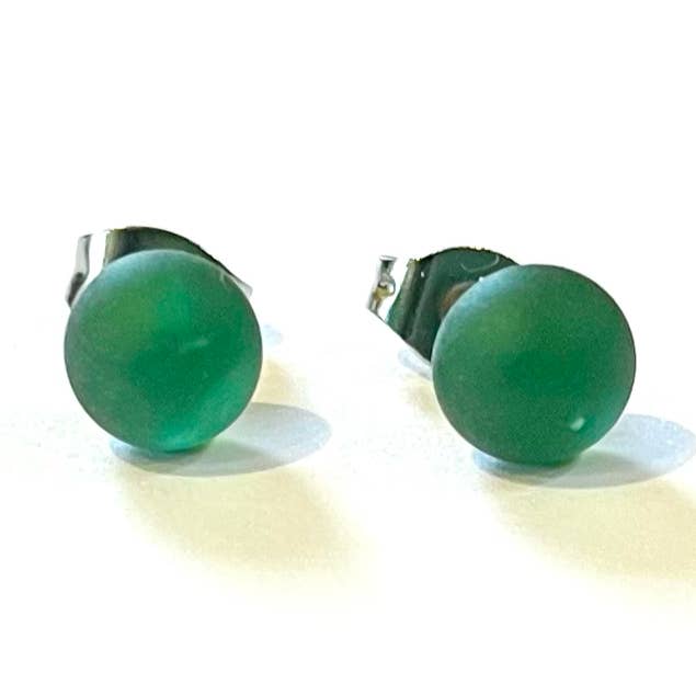 Green Frosted Whisky Bottle Studs, Recycled Bottle Glass and Surgical Steel for wholesale by Helen Chalmers