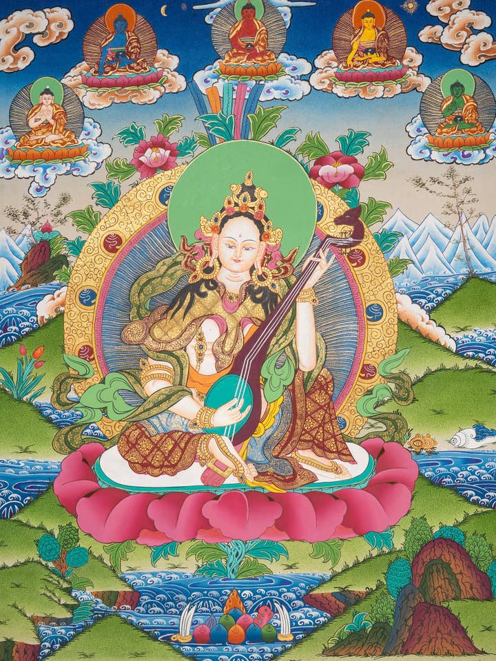 Trône de Lotus de Saraswati Thangka pour la vente par Lucky Thanka