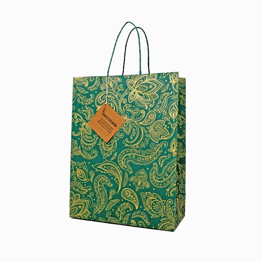 Fair to Trade Ltd – Saco de presente por atacado – Saco de Presente de Papel Lokta Feito à Mão Verde/Dourado Paisley para Garrafa3
