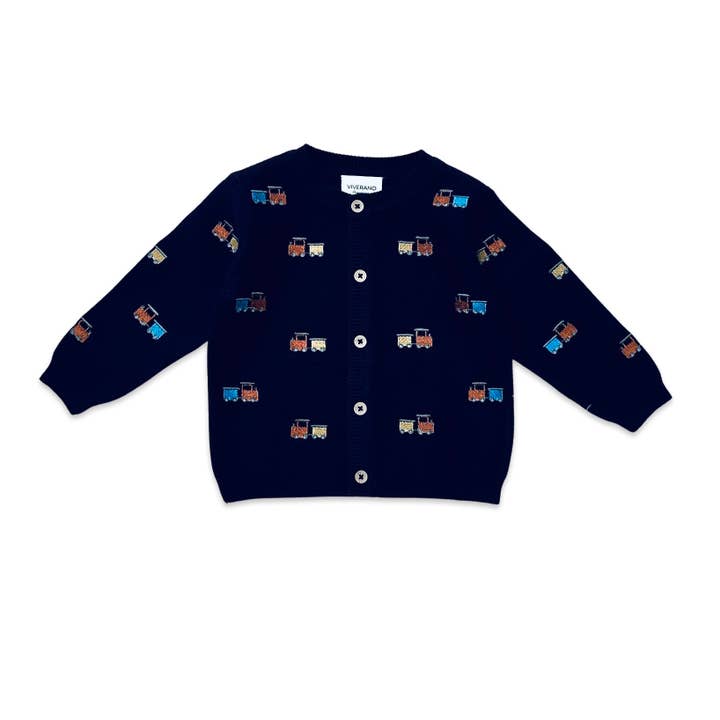 Navy Blue Train Embroidered Button Cardigan Baby Sweater (Organic) for wholesale on Faire