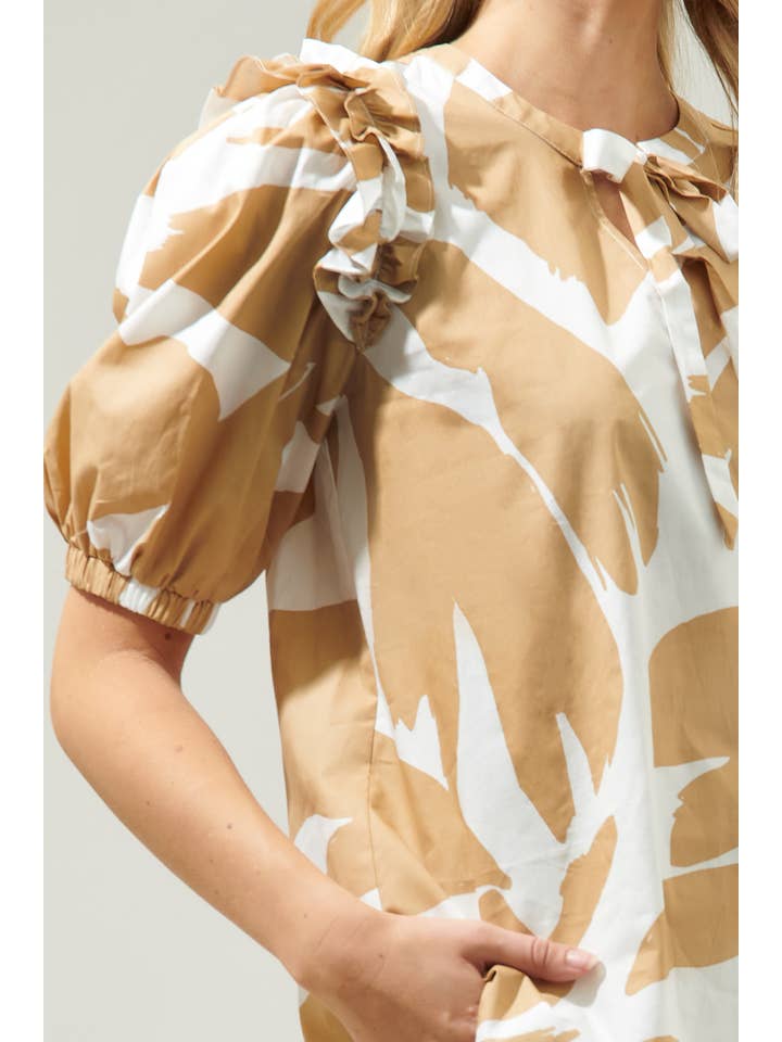 Camel Multi Hazel Abstract Noche Tie Neck Blouse for wholesale on Faire
