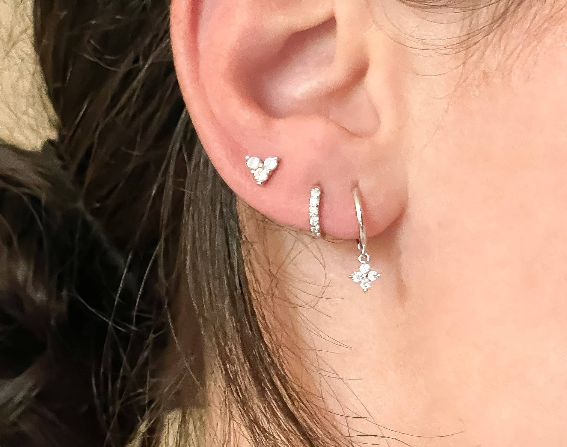 Blueyejewelry - Wholesale Hoop Earrings - Sterling Silver Clover Earring Set - Diamond Hoops 6