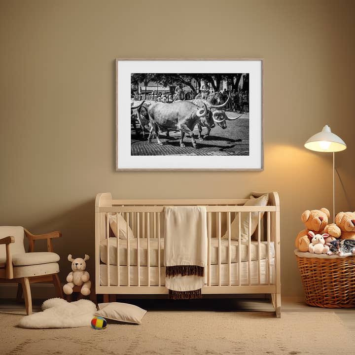 Lisa Russo Fine Art - Wholesale Art Print - Fort Worth Herd | Longhorn Cattle Drive in Black and White3