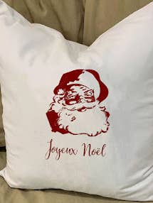 Joyeux Noel Santa Pillow With Feather Insert for wholesale by Monique Perry Art
