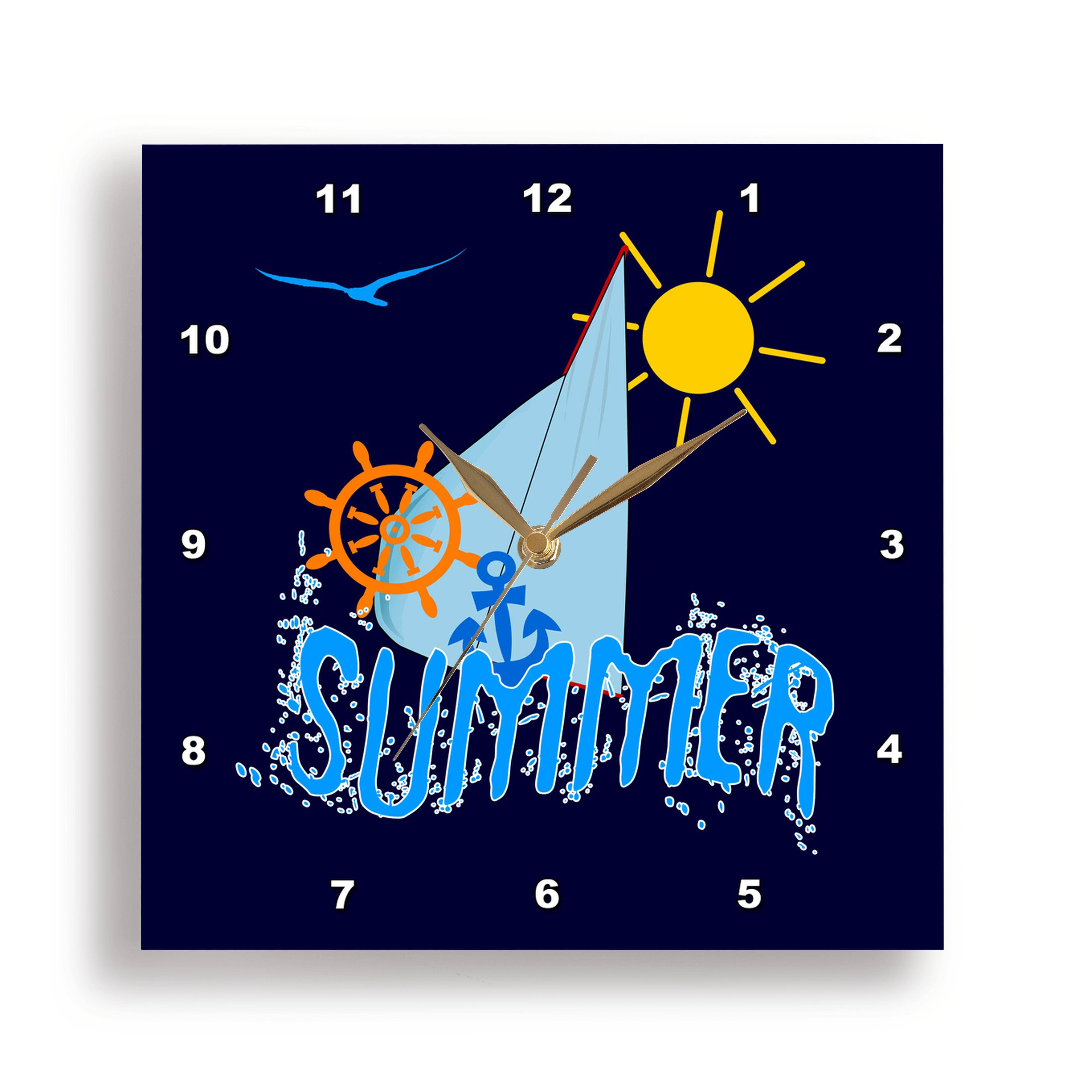 3dRose - Wholesale Wall Clock - 3dRose, Sea, sailing theme illustration, text Summer, blue background, Wall Clock0