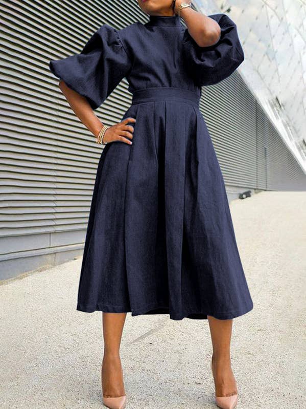 Vogue Vengeance - Wholesale Dress - Women's - A-Line Puff Sleeves Pleated Pockets Solid Color Split-Joint Mock Neck Midi Dresses