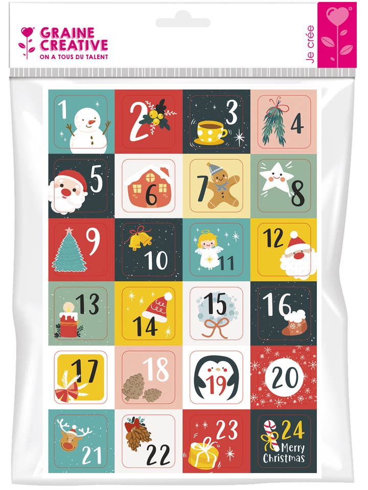 1 PLANCHE A4 - 24 STICKERS DE L'AVENT pour la vente par Graine Créative