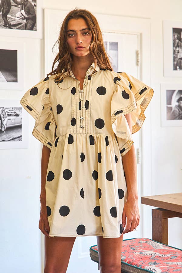 BUCKETLIST INC - Wholesale Dress - Women's - ID4283 Ruffle Sleeve Pintuck Detail Polka Dot Mini Dress7