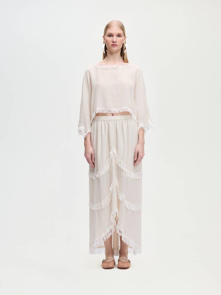 Natural Asymmetric Skirt (3553) 80% Lyocell - 12% Linen - 8% Viscose for wholesale by Fulmarix