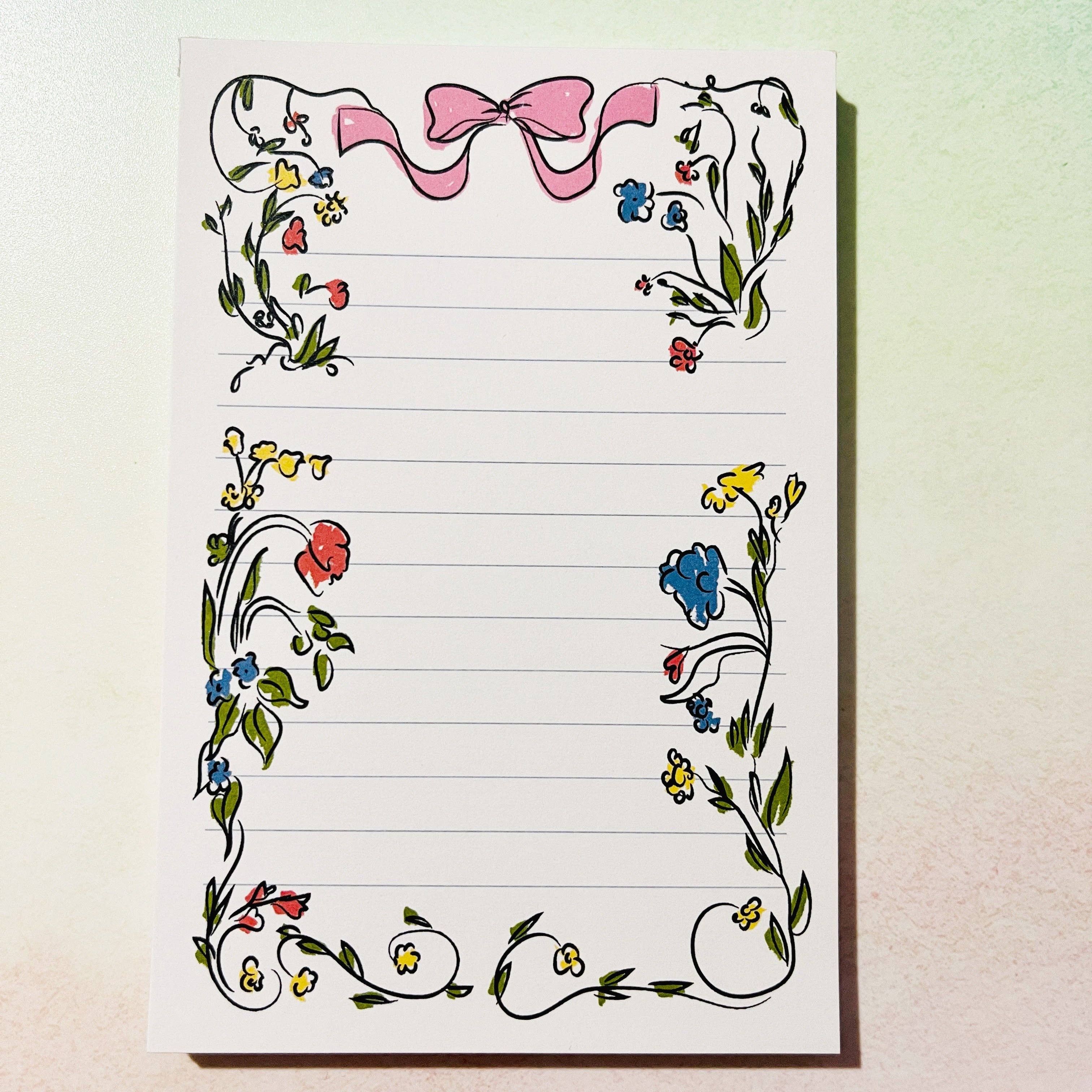 Sonny Rising – wholesale Notepad – 4x6 Notepad, Hand Drawn Floral Bow Border1