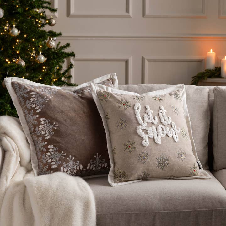 Winter Let It Snow Embroidered Cushion Greige for wholesale on Faire5