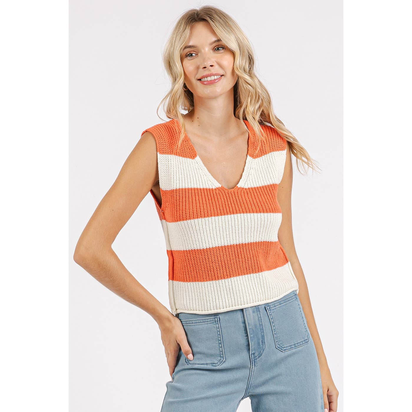 mittoshop - Wholesale Sweater Vest - Women's - STRIPED V-NECK CROPPED SWEATER VEST TOP0
