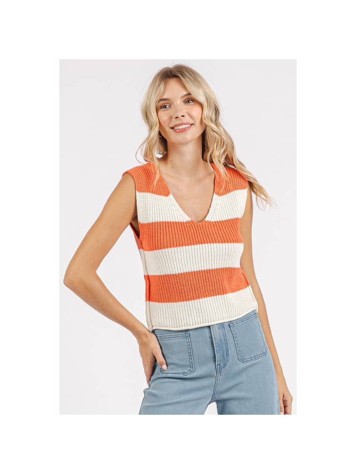 mittoshop - Wholesale Sweater Vest - Women's - STRIPED V-NECK CROPPED SWEATER VEST TOP