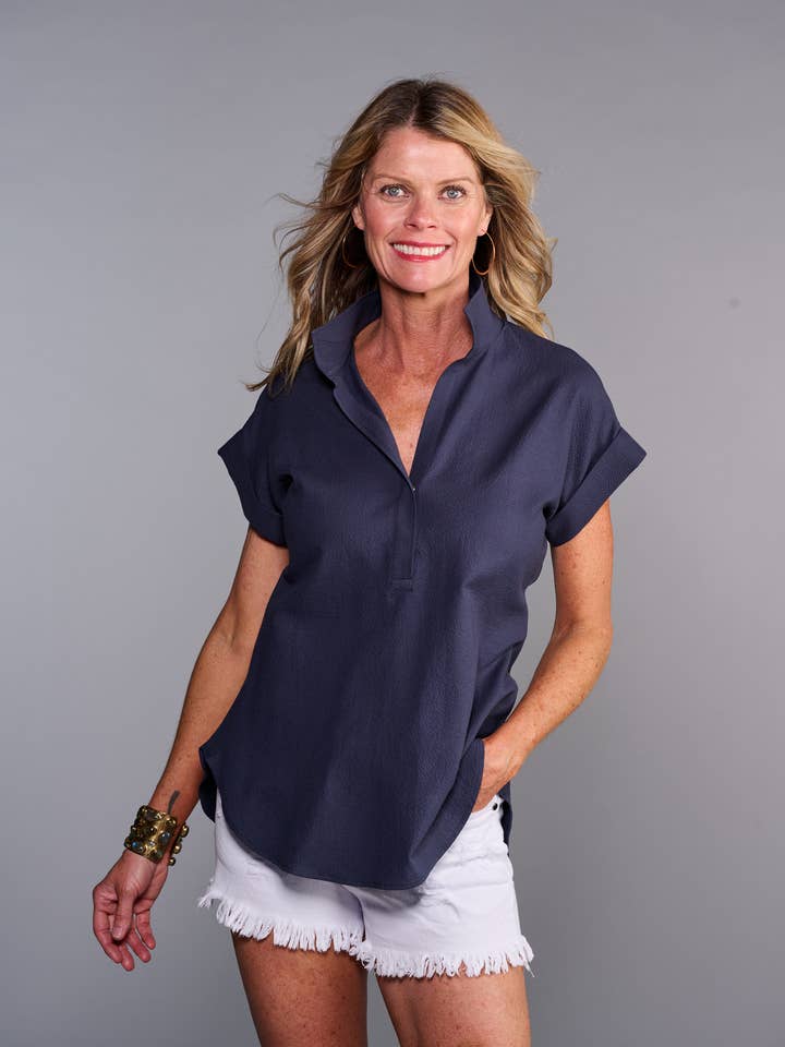 The Cap Sleeve League Top in Midnight Seersucker for wholesale by Claridge + King