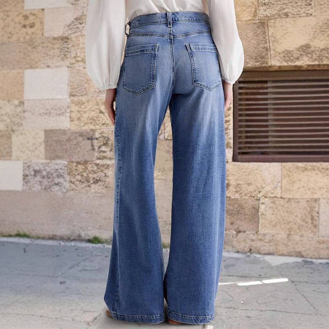 bleu Jeans décontractés à jambes larges et droites pour femmes en vente sur Faire3