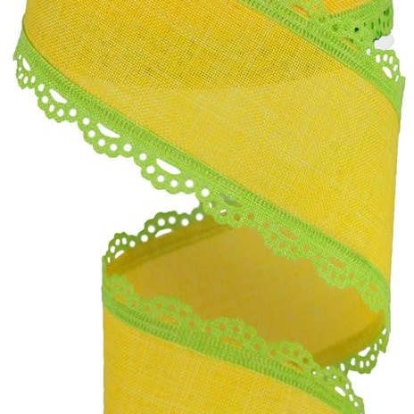 2.5"X10Yd Lace Edge Royal Burlap Lime Green/Sun Yellow RGA1542Y2 for wholesale by DecoExchange
