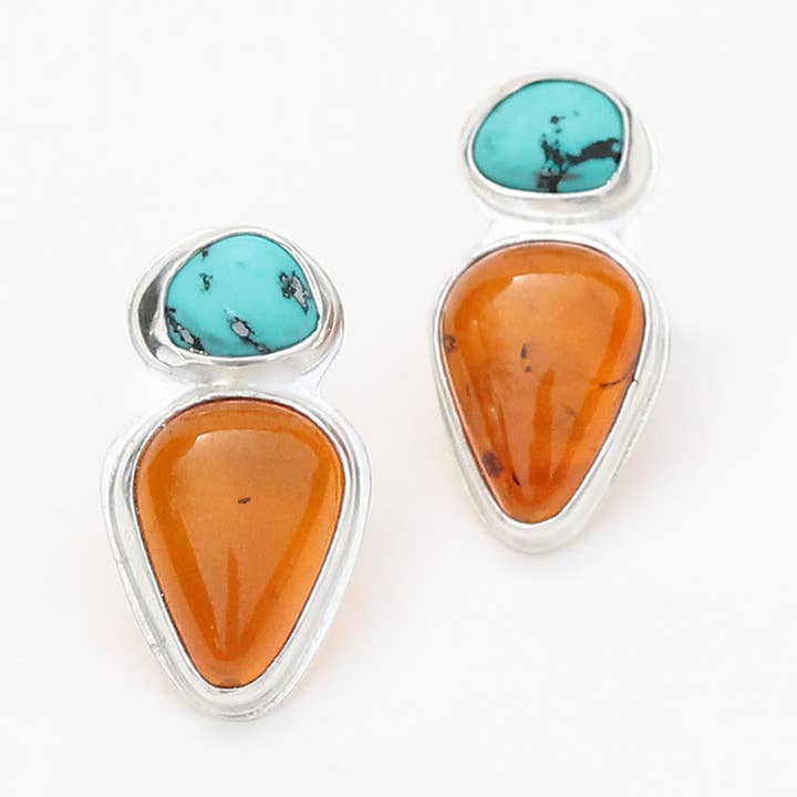 Windowpane Studs in Turquoise and Baltic Amber for wholesale by Alana Douvros Jewellery