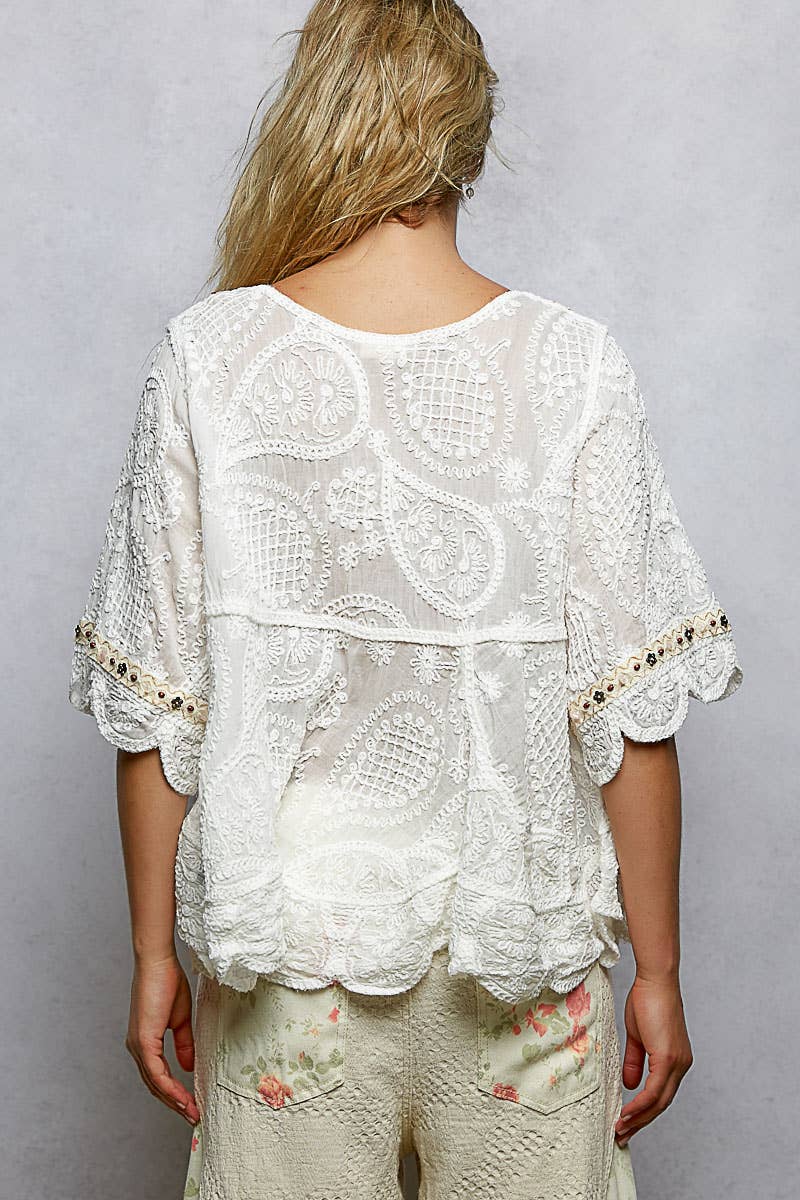 Pol Clothing - Wholesale Blouse - Women's - Short Sleeve Adjustable Drawstring Crochet V Neck Top8