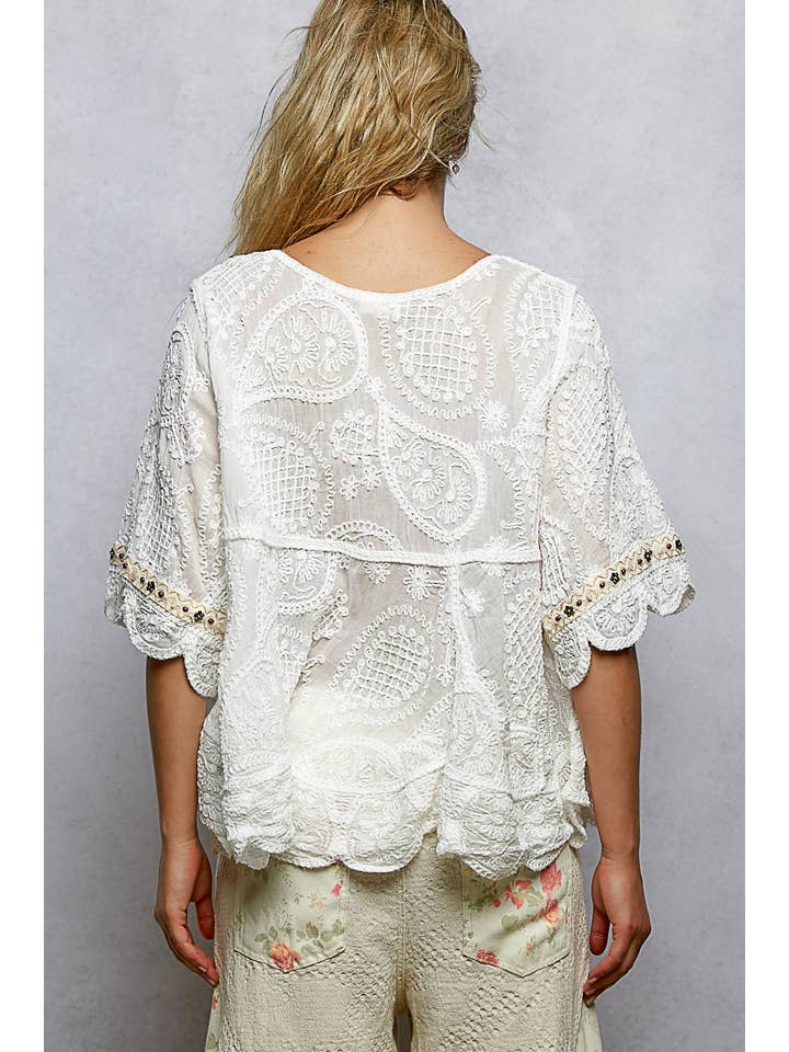 Pol Clothing - Wholesale Blouse - Women's - Short Sleeve Adjustable Drawstring Crochet V Neck Top8