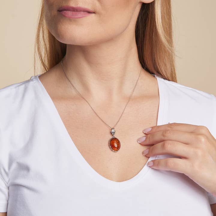 Cognac Pendentif ambre cognac ovale, argent vieilli 925, 2+1 cm en vente sur Faire2