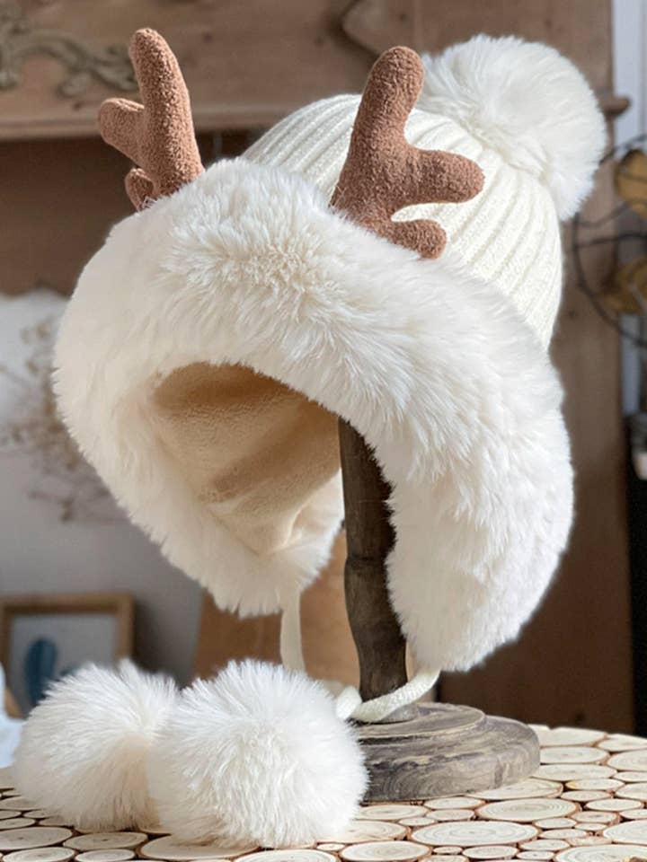 JCH4008 Fleece-Lined Faux-Fur Hat with Antlers, and Pom-Pom for wholesale by JC Sunny Fashion