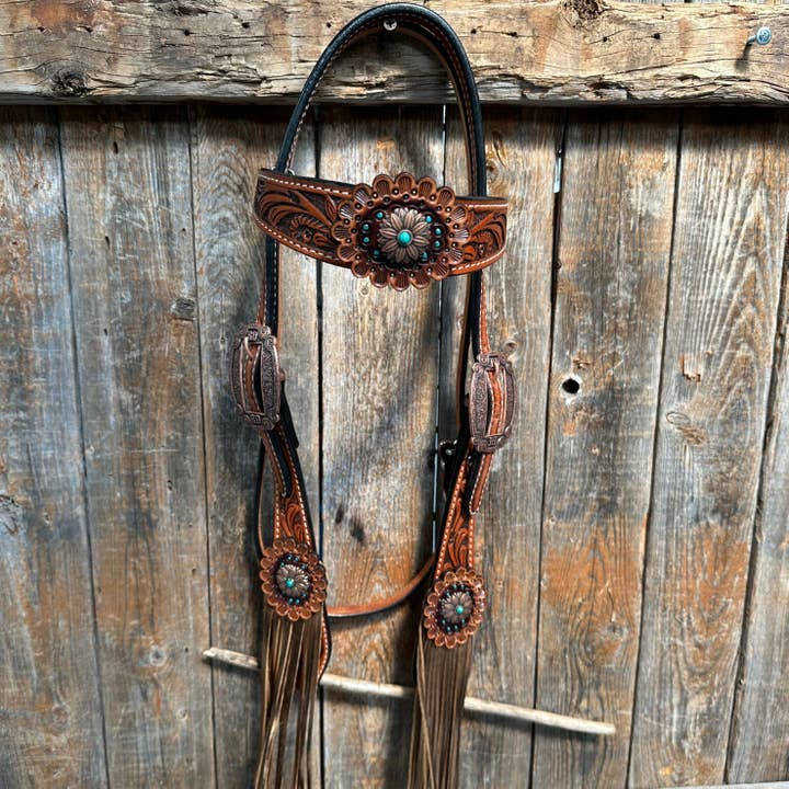 Rodeo Drive – wholesale Horseback riding gear – Honey Colored Floral Copper and Turquoise Tack Set #BBBC5295