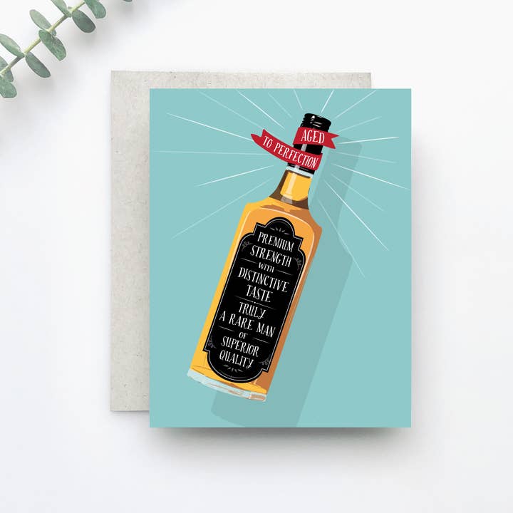 Aged to Perfection Whiskey Man Birthday Card for wholesale by Merrily Paper