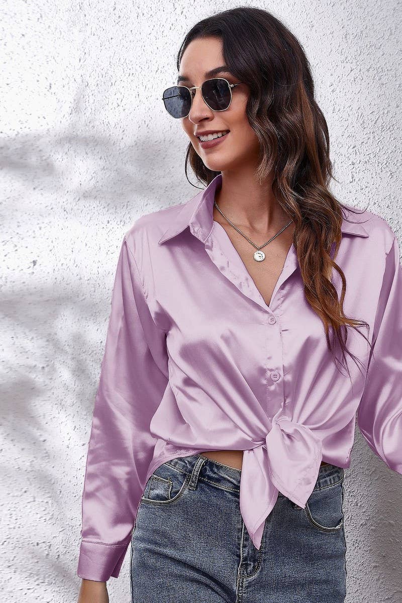 NINEXIS - Wholesale Button Down Shirt - Women's - CWTBLL0691_Button Down Silky Satin Long Sleeve Top46