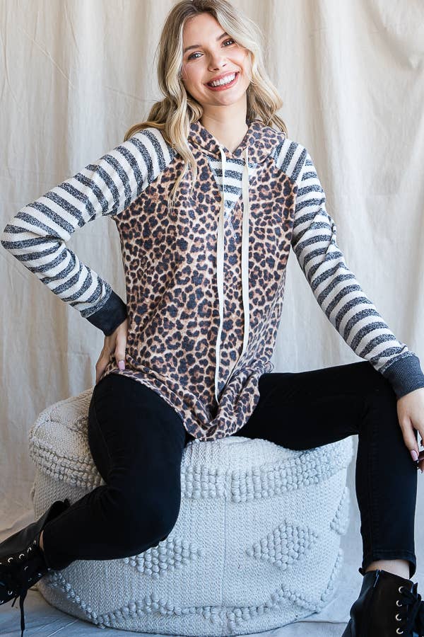 7th Ray – Großhandel Hoodie – Damen – Leopardenstreifen Ärmel Kordelzug Kapuzenpullover T443614