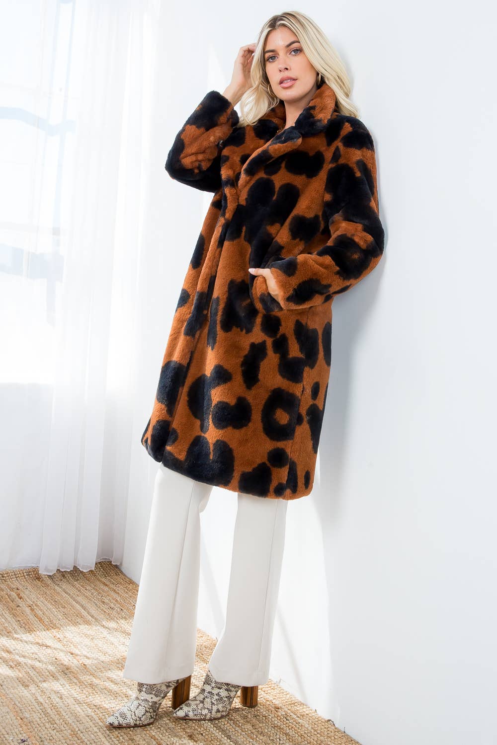 Camel Black Printed Soft Faux Fur Overcoat for wholesale on Faire2