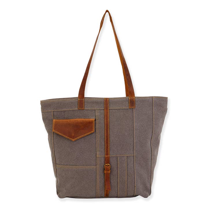 Sac à bandoulière gris avec garniture en cuir véritable pour la vente par Headwear & Handbag Collections by Sun 'N' Sand