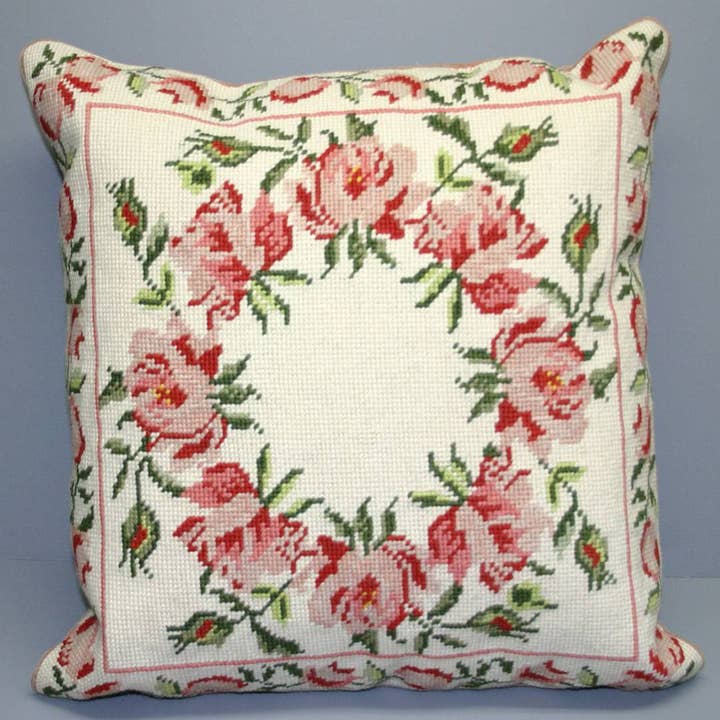 Wool Needlepoint Red Roses Wreath Tapestry Pillow Cover for wholesale by Eastern Sunrise Lace And Linens Inc.