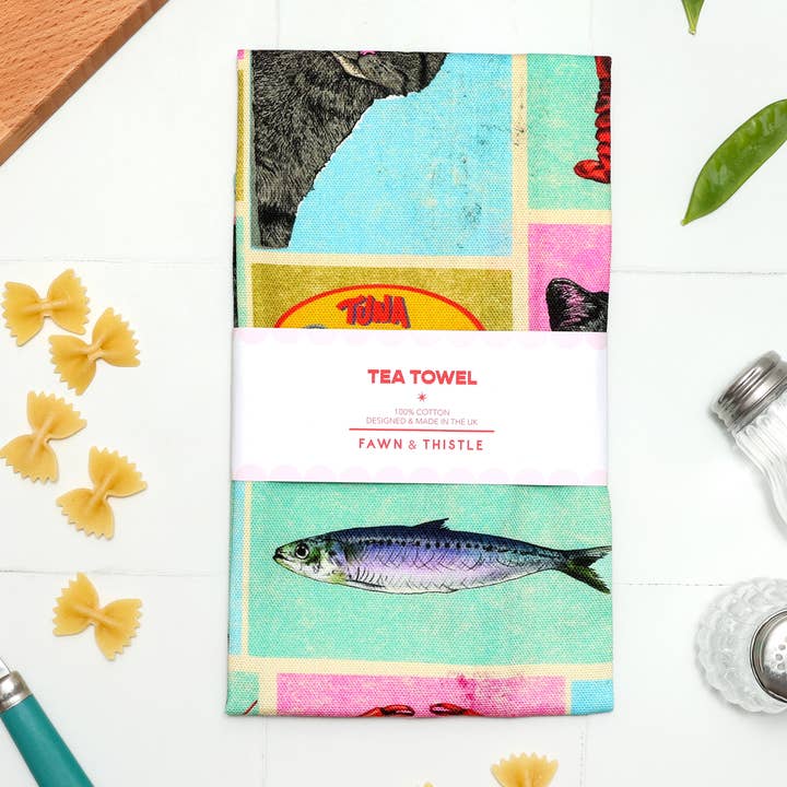 Fawn & Thistle Ltd (US Duties Paid) - Wholesale Tea towel - Cat's Kitchen Tea Towel | 100% Cotton Dish Towel | Sardines3