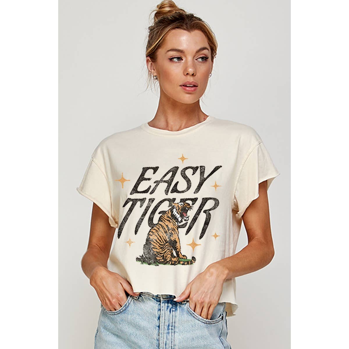 Illustrated Society - Vente T-shirt sérigraphié – femme - HAUT COURT GRAPHIQUE VINTAGE EASY TIGER4