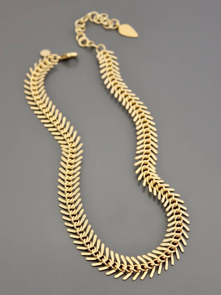 DOR215 18k matte gold fish bone necklace for wholesale by David Aubrey Jewelry