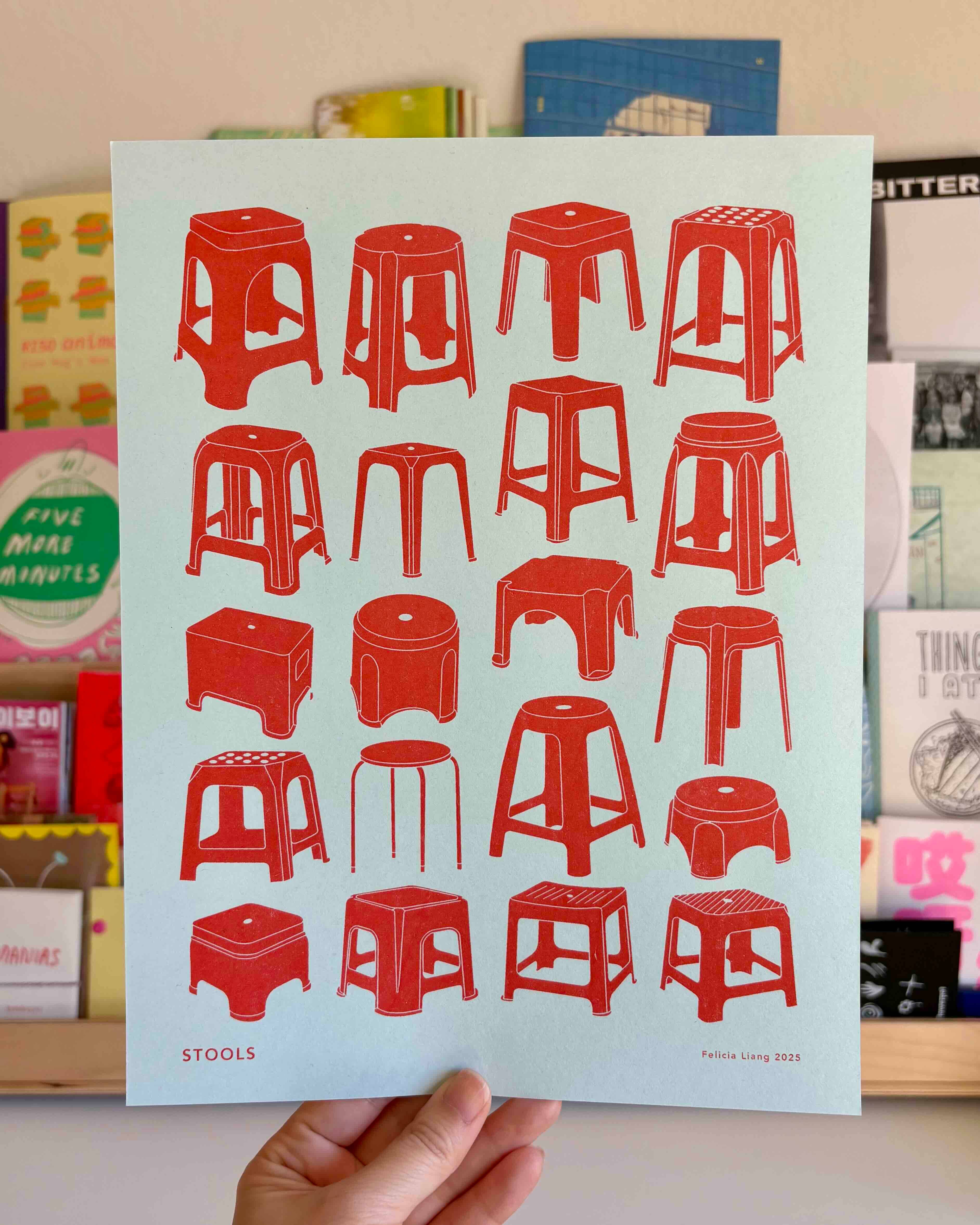 Felicia Liang - Wholesale Art Print - Red Stools Risograph Print1