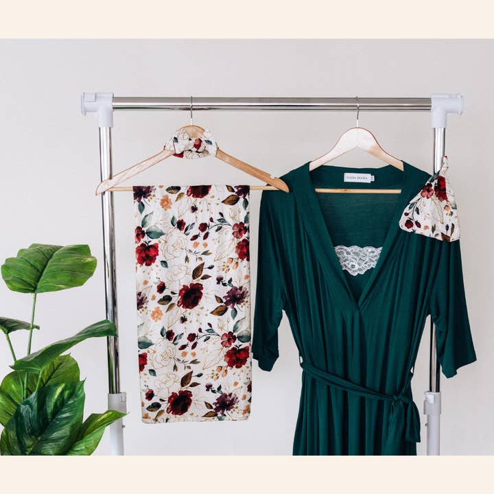 HAHA MAMA Clothing - Wholesale Robe – Women's - Emerald Green Maternity Delivery Gown & Red Rose Swaddle2