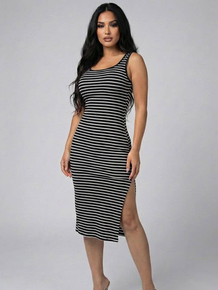 Ribbed Striped Sleeveless Midi Dress with Side Slit for wholesale by CAPELLA APPAREL