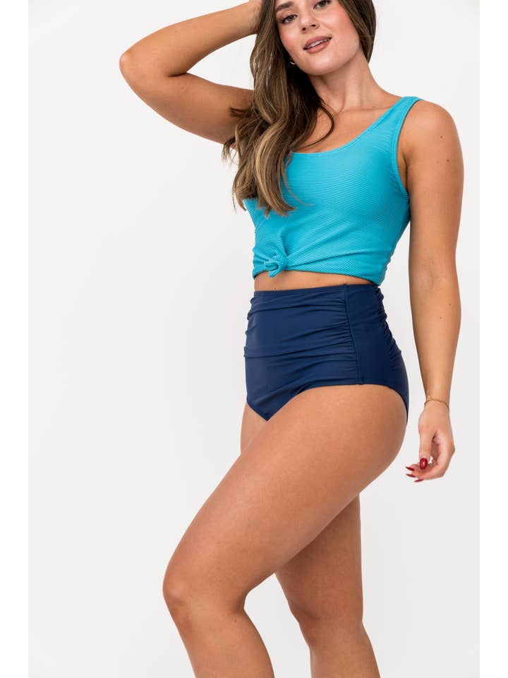 Coral Reef Swim - Wholesale Swim Bottoms - Women's - Seaside Navy High Waisted Ruched Swim Bottoms