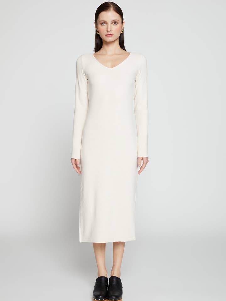 Honeyluxe Flatback Rib Double V-Neck Dress in Cream for wholesale by Stateside