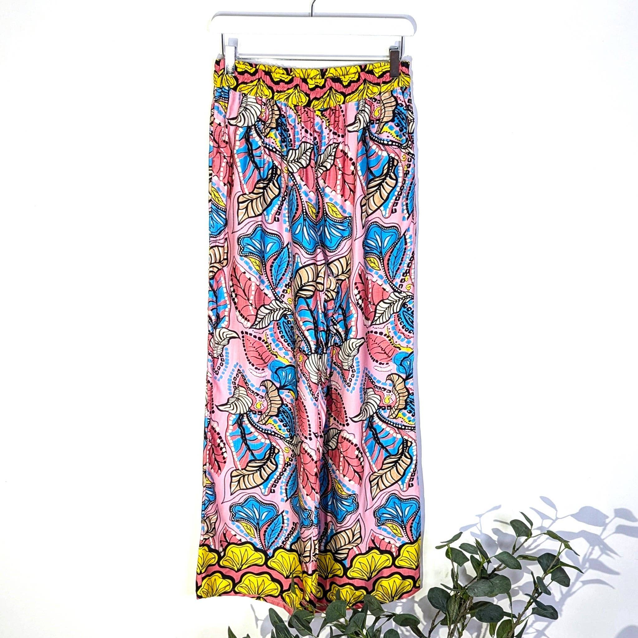 Tempest Designs – wholesale Pants – Women's – Batik style print straight leg viscose trousers with coloured border1