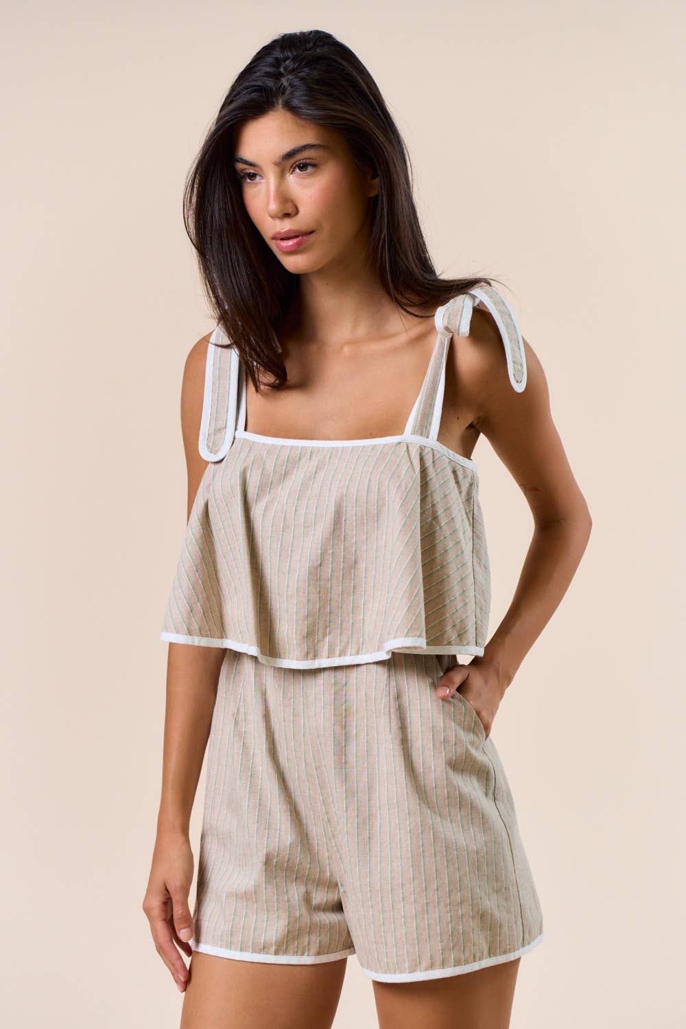 TAUPE GREEN ILR4556 Contrast Hem Bow Tie Romper  for wholesale on Faire2