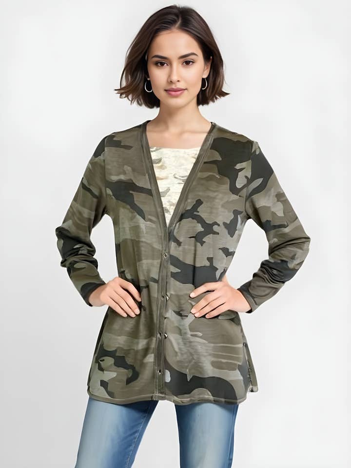 Camo Button Up Boyfriend Cardigan - Falcon Camo (D190361) for wholesale by Dantelle Apparel