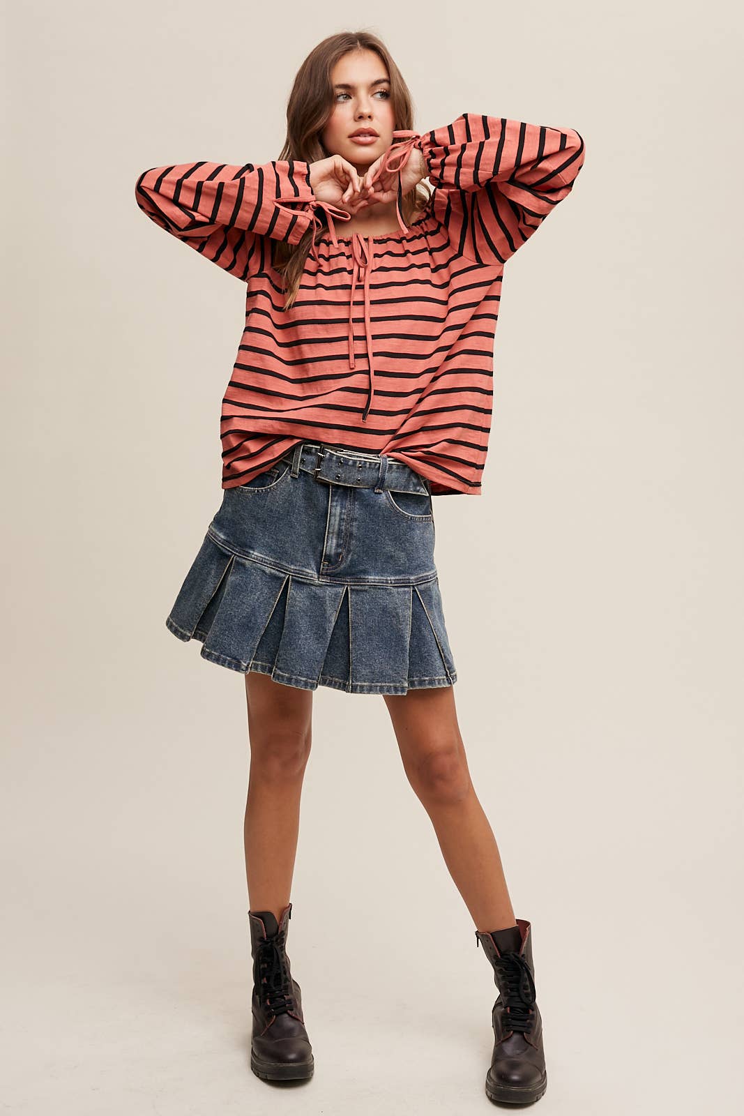 Koraal Gestreepte Blouse met Striksluiting en Boho Stijl LT0936 voor groothandel op Faire10