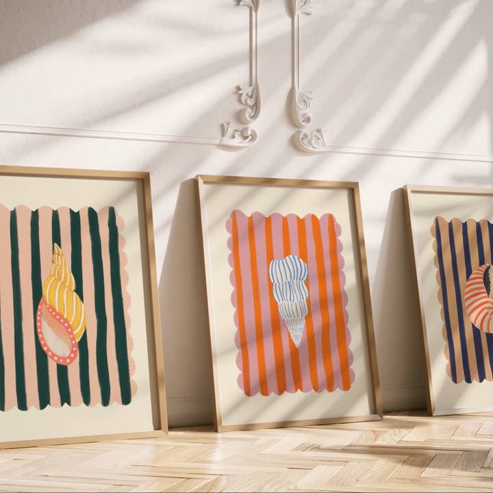 Kate Fox Design - Vente Affiche d'art - Rayure bleue, Dessin abstrait de coquillage fait à la main, Art de coquillage4