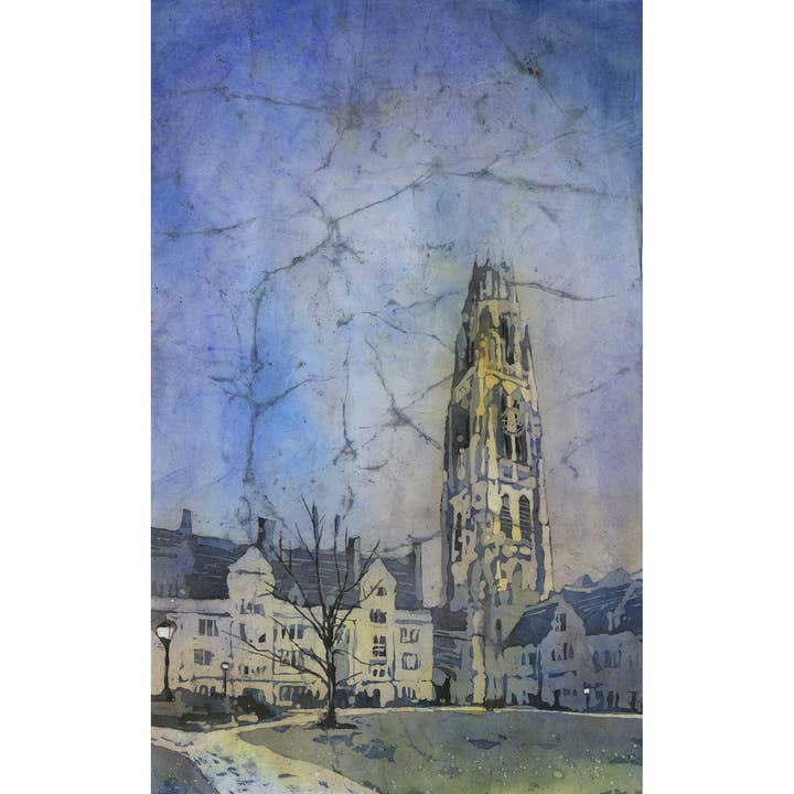 Harkness Tower at Yale University New Haven, Connecticut watercolor batik landscape college decor gift for graduate alumni (original) for wholesale by Ryan Fox Fine Art